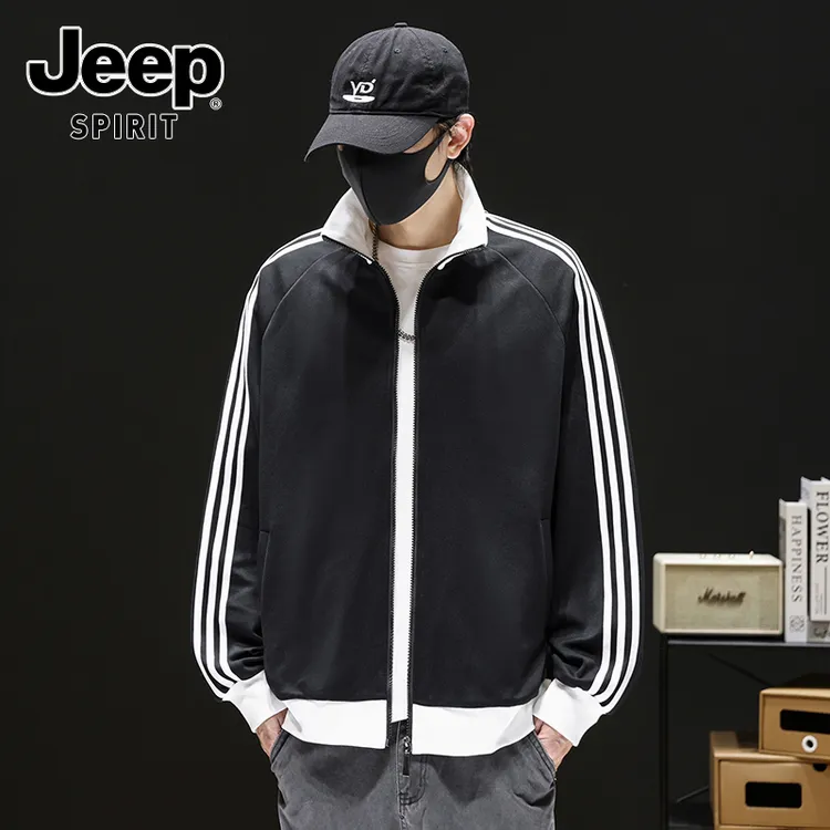 JEEPSPIRIT吉普潮牌开衫款立领卫衣男秋季时尚三条杠宽松休闲夹克