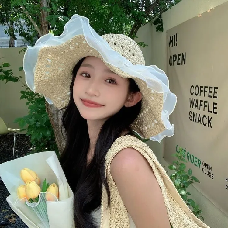 海边拍照帽子蕾丝珍珠款夏季帽檐太阳帽沙滩防晒度假大檐遮阳帽yw