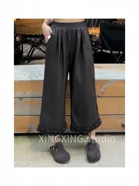 X.x.早秋新款松紧腰阔腿皮裤女宽松显瘦百搭直筒长裤女8276