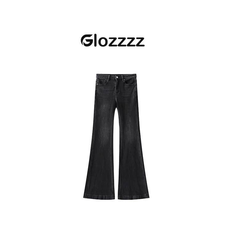 【Glozzzz】秀场腰精 黑灰色新款V形绣花金标喇叭牛仔裤XX98612-1