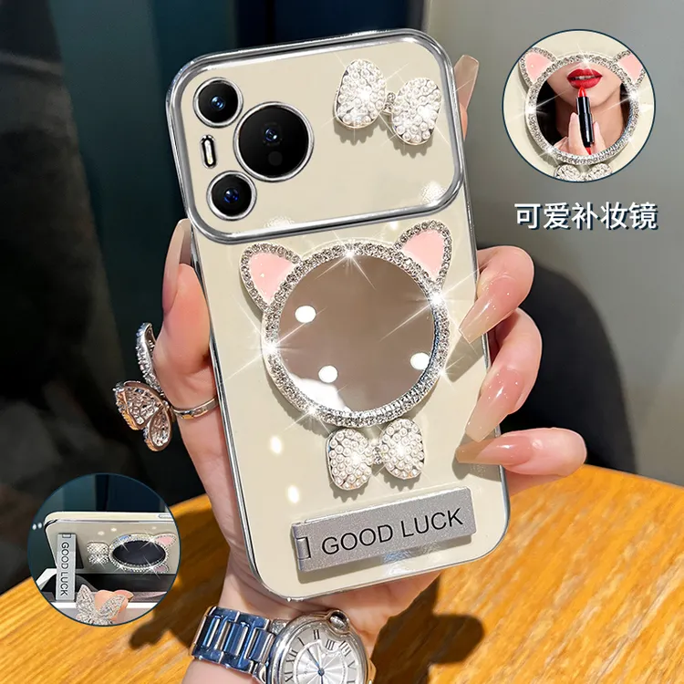 适用华为pura70/pro领结猫耳补妆镜大视窗手机壳创意防摔网红女款