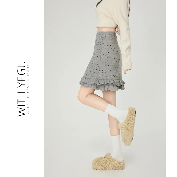 气质浅灰色波点针织a字短裙女秋冬木耳边拼接半身裙小个子包臀裙