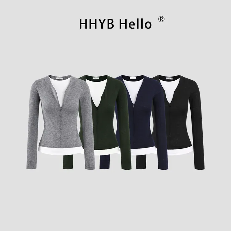 HHYB Hello拉链V领撞色假两件长袖T恤秋冬修身打底针织上衣M1503