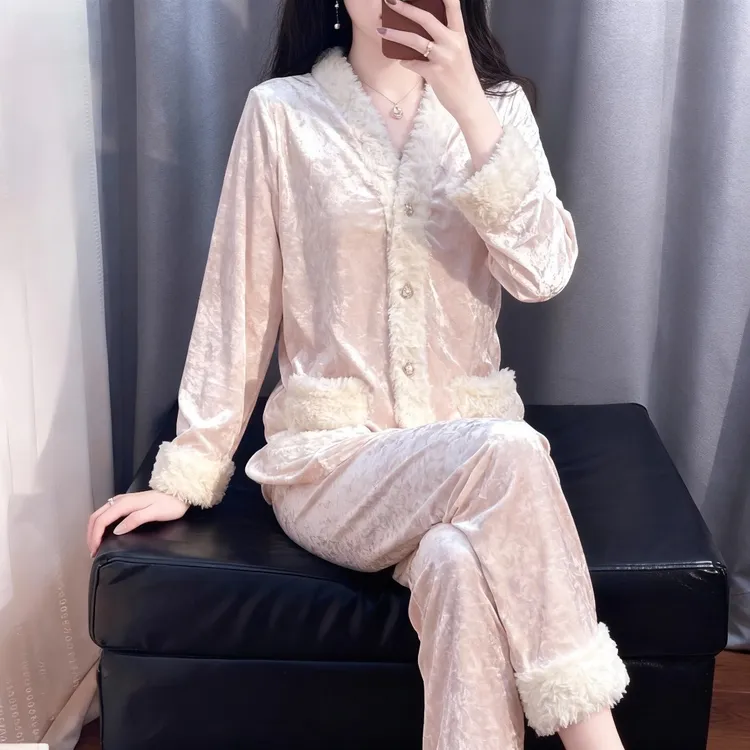 tpvl轻奢半边绒睡衣女秋冬家居服长袖套装毛边粉色可外穿2025新款