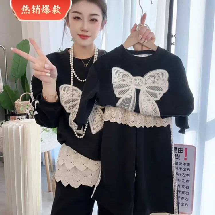 韩系亲子童装2025春款蝴蝶结卫衣卫裤两件套亲子套装潮