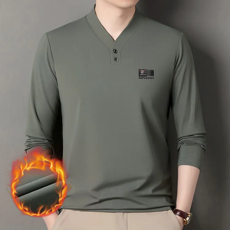 正品男士中年长袖t恤春秋季磨毛休闲体恤纯色V领亲肤印花新款上衣