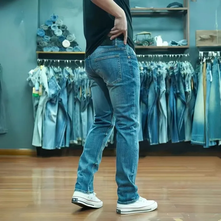 秋季新款牛仔裤男款水洗复古蓝浅色牛仔男士修身直筒裤子弹力男裤