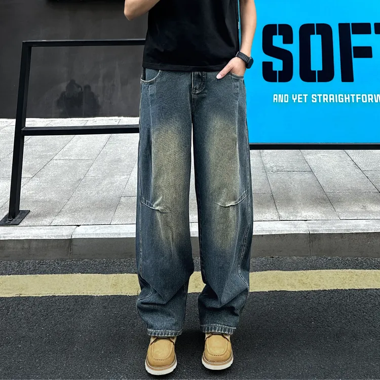 QUALCOMM美式潮流拼接工装牛仔裤男秋季潮流松弛感阔腿裤直筒长裤