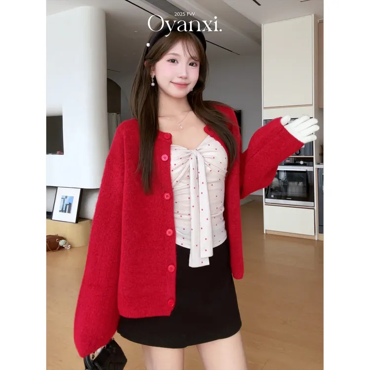 欧阳喜【波点华尔兹】新年穿搭红色开衫两件套甜美波点蝴蝶结打底衫