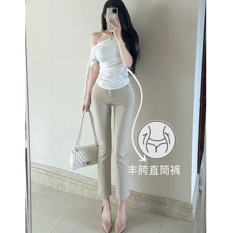 古早韩女~丰胯九分裤奶茶卡其杏色百搭烟管简约弹力牛仔裤直筒裤