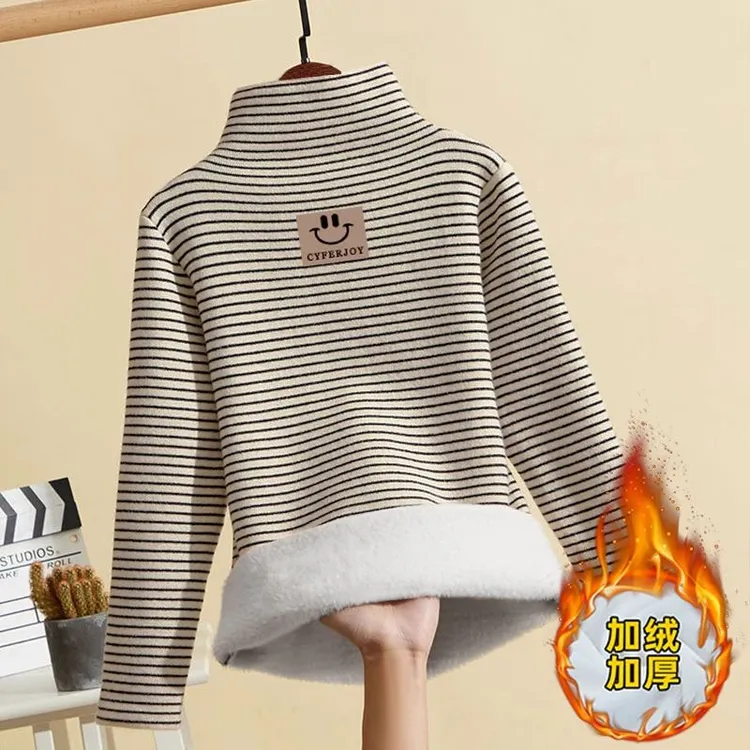 女童条纹打底衫秋冬德绒加绒加厚保暖高领长袖中大儿童休闲上衣潮