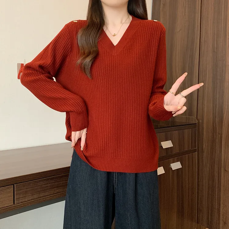 3742大码女装2025春季新款纯色百搭针织衫宽松显瘦长袖毛衣打底衫