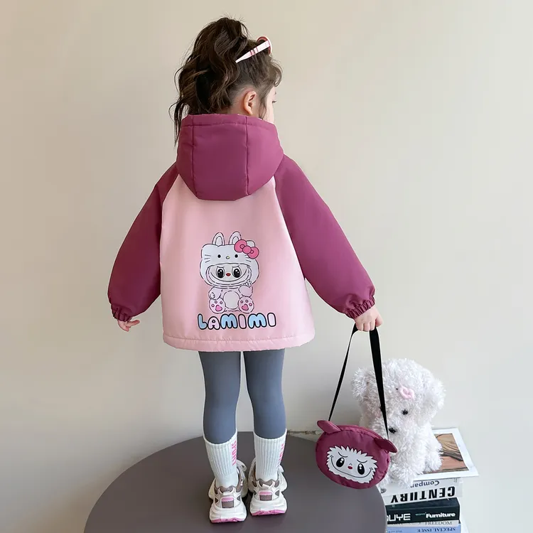 女童夹棉外套秋冬款2025新款女宝卡通连帽冲锋衣儿童加绒保暖上衣