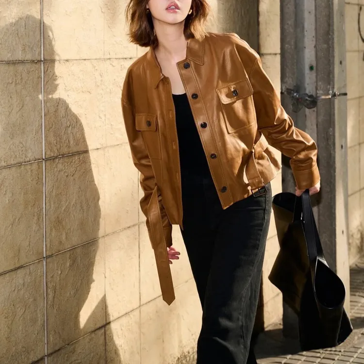 【燕子甄选】“肉桂棕”25春轻奢复古宽松腰带羊皮皮衣外套上衣6632wt