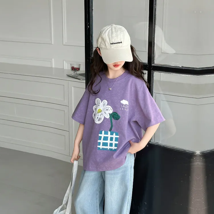 女孩夏装套装新款时髦洋气岁中大童紫色短袖恤牛仔裤两件套