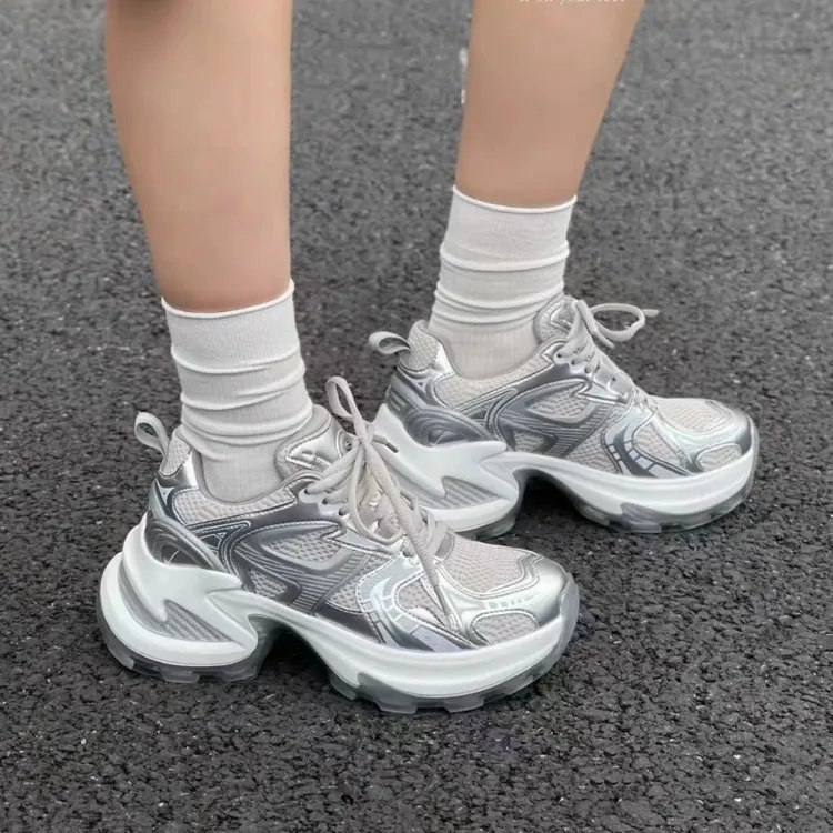 赵露思同款银色老爹鞋2025夏季新款透气女鞋厚底增高7cm运动单鞋