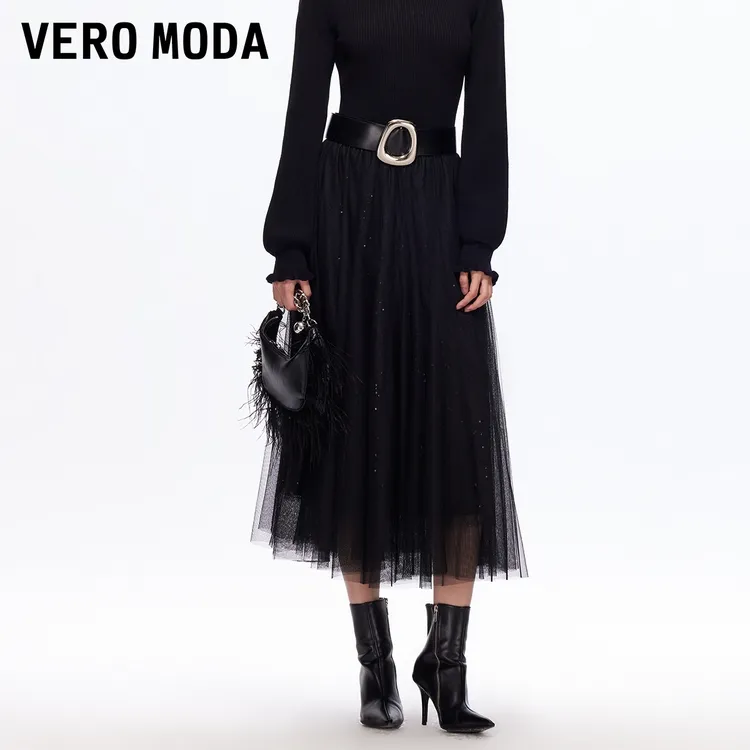Vero Moda半身裙【晨露繁花】亮片高腰A字松紧腰网纱裙325416001