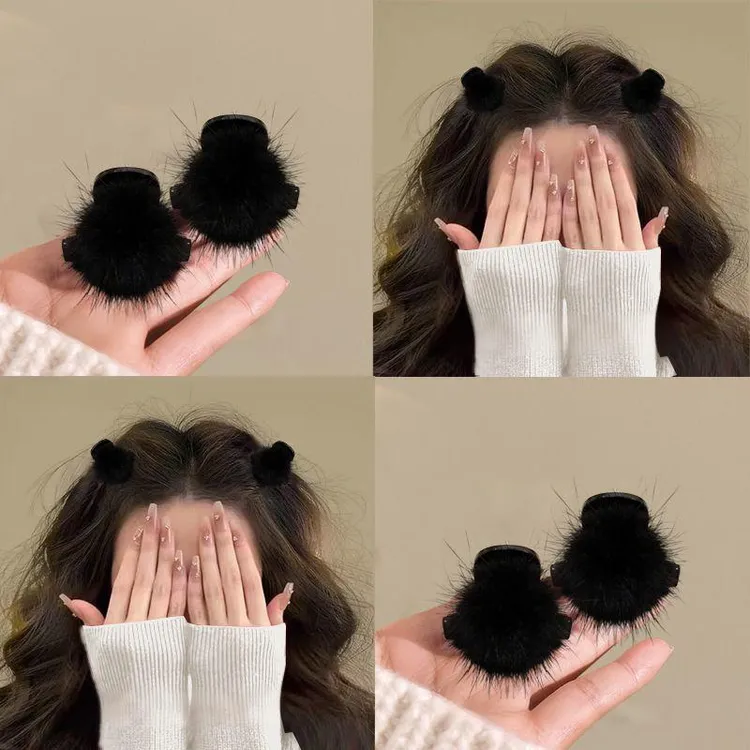 秋冬新款毛毛发夹少女风公主头毛毛夹子网红毛球简约迷你小抓夹