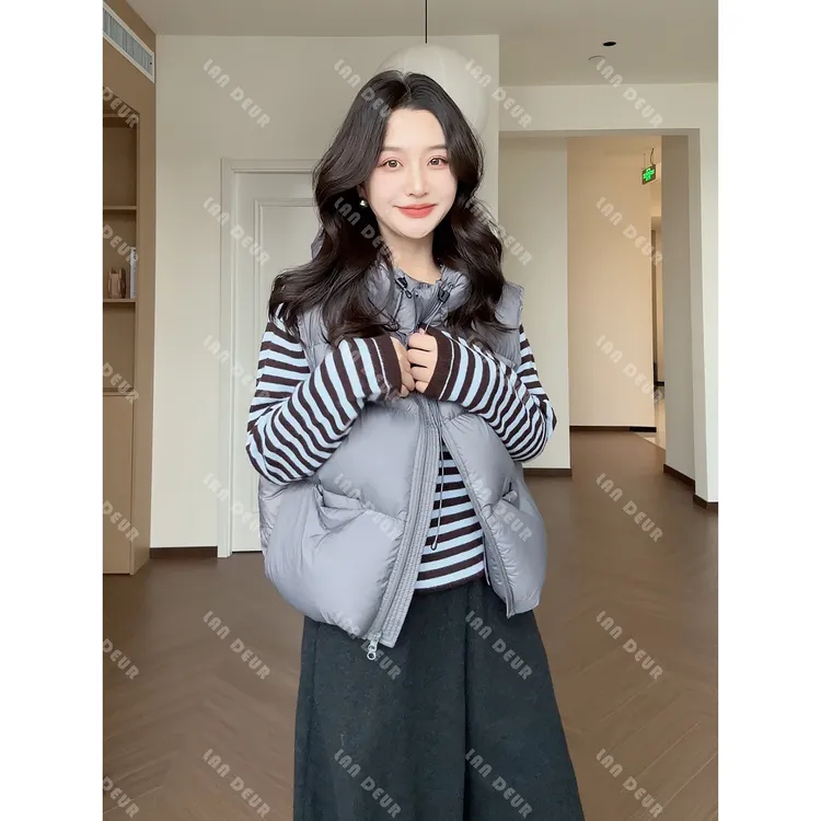 【银河碎片】90白鸭绒无袖羽绒服连帽宽松灰色羽绒马甲女上衣