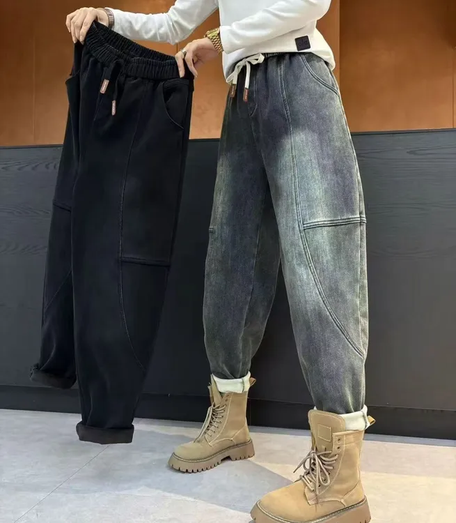 奇奇家时尚韩版大码女装2025冬季新款高腰高弹加厚加绒牛仔老爹裤