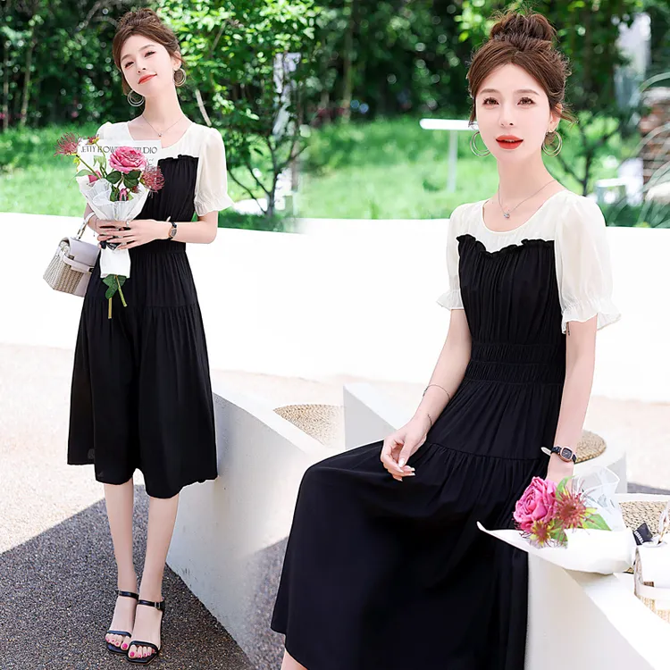 圆领泡泡袖装饰松紧腰连衣裙折扣352品牌撤柜夏