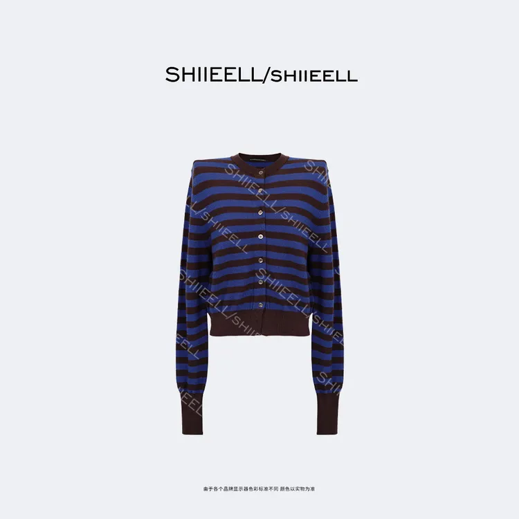 SHIIEELL【棕蓝序曲】老钱风细织绵羊毛蓝咖撞色条纹针织开衫Z5734
