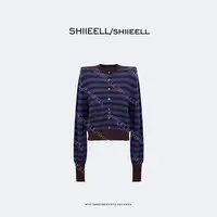 SHIIEELL【棕蓝序曲】老钱风细织绵羊毛蓝咖撞色条纹针织开衫Z5734