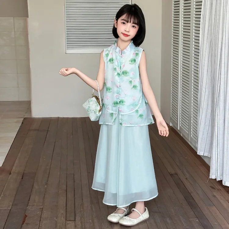 千金风中国风女童女单排扣女孩套装唐装复古古装夏季