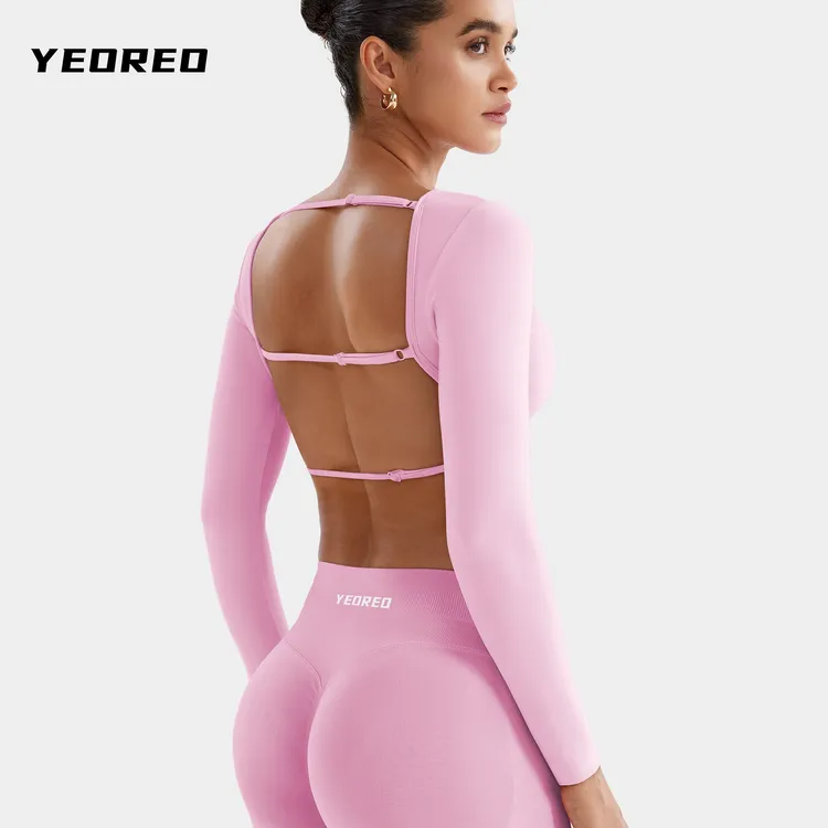 YEOREO无缝运动瑜伽上衣长袖后背镂空可调节绑带美背显背5020