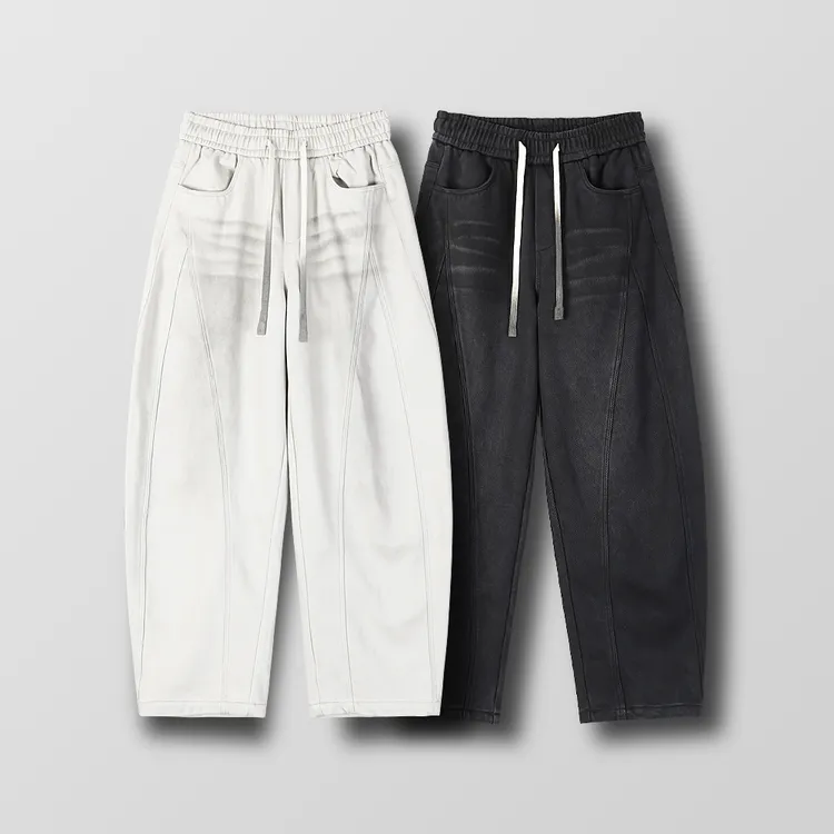 冬季加绒加厚阔腿弯刀休闲裤2025时尚百搭男士宽松系带松紧腰直筒