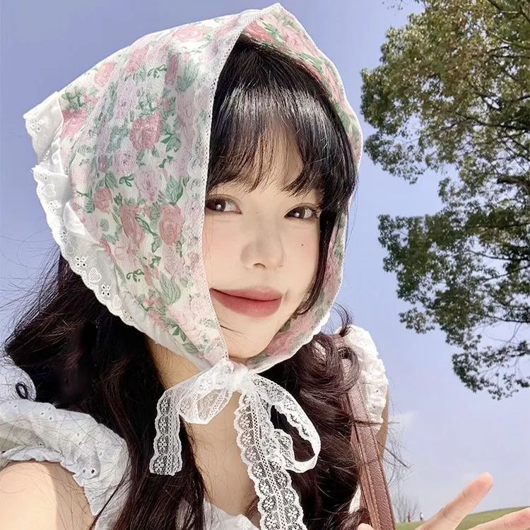 法式碎花蕾丝三角头巾头饰田园风海边拍照高颜值发带时尚百搭发饰