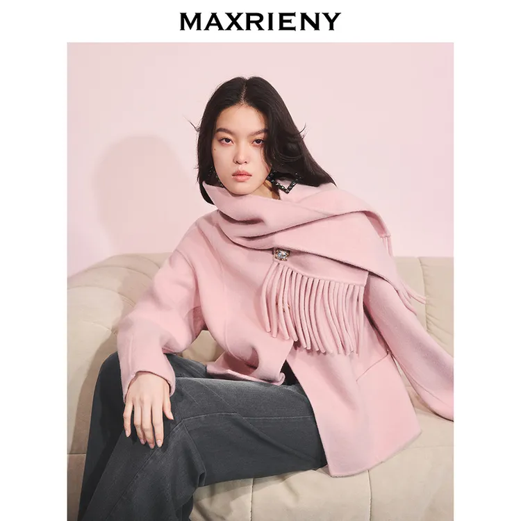 MAXRIENY羊绒羊毛混纺廓形大衣25冬款松绒系穿搭双面呢毛呢短外套