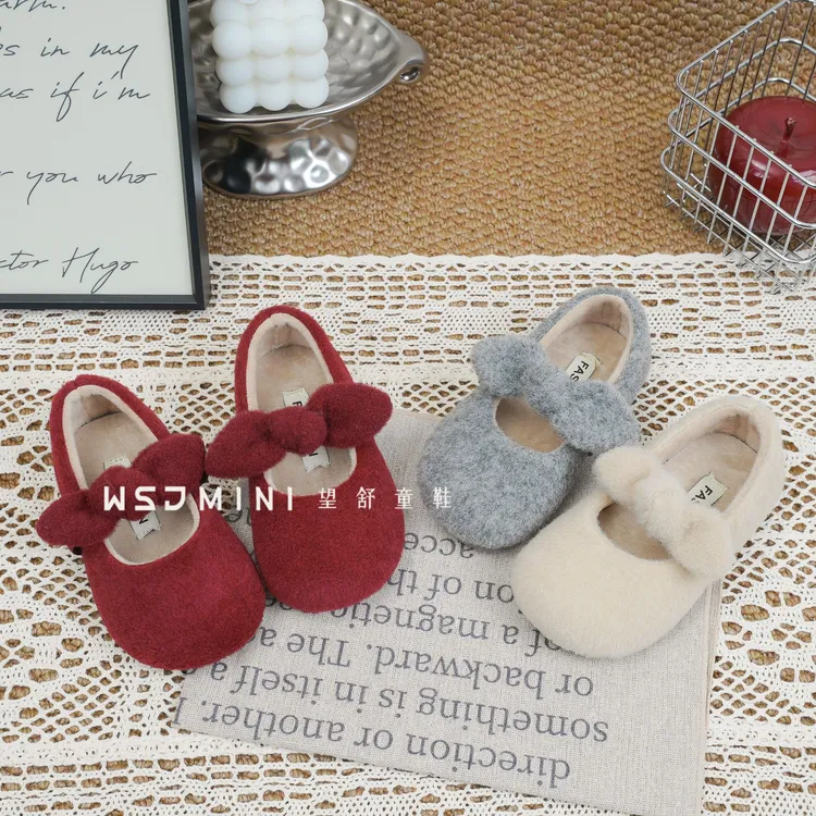 望舒家韩版女童加绒玛丽珍2025秋冬新款毛呢公主鞋毛毛鞋90