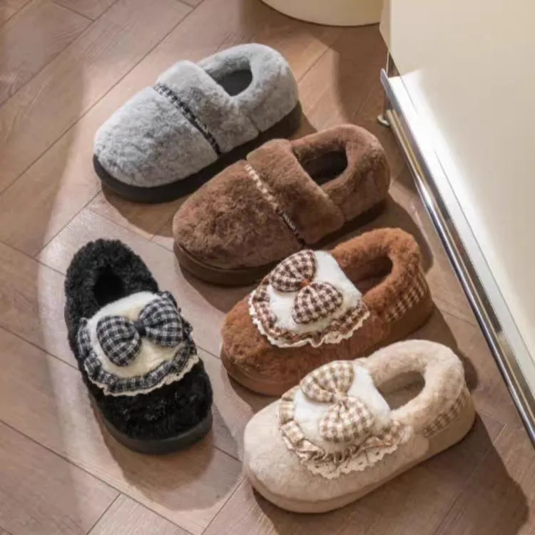 情侣款蝴蝶结格子棉鞋毛绒家居加厚保暖加绒棉棉鞋防滑耐磨毛毛鞋