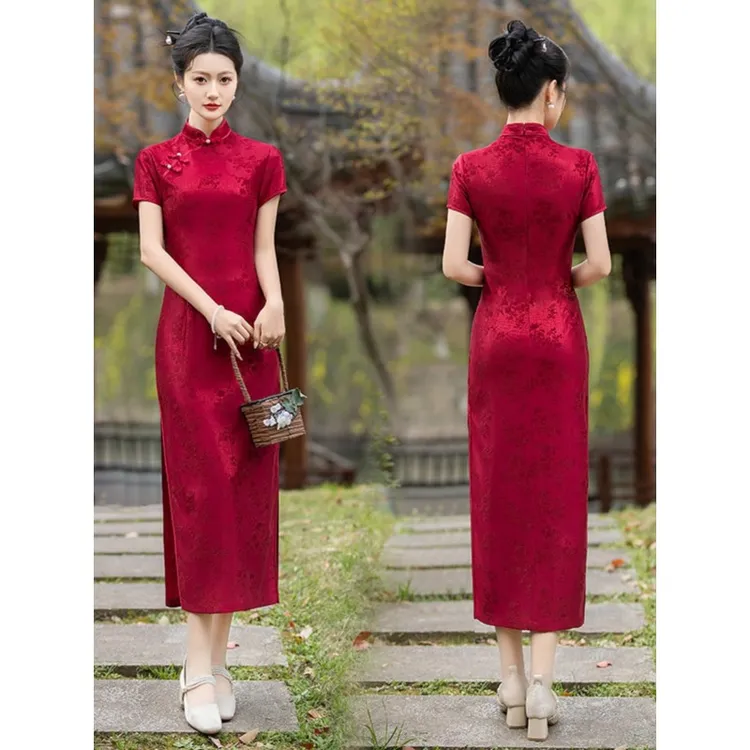 高考红色旗袍长款夏季新款改良连衣裙女送考妈妈礼服婆婆婚宴气质