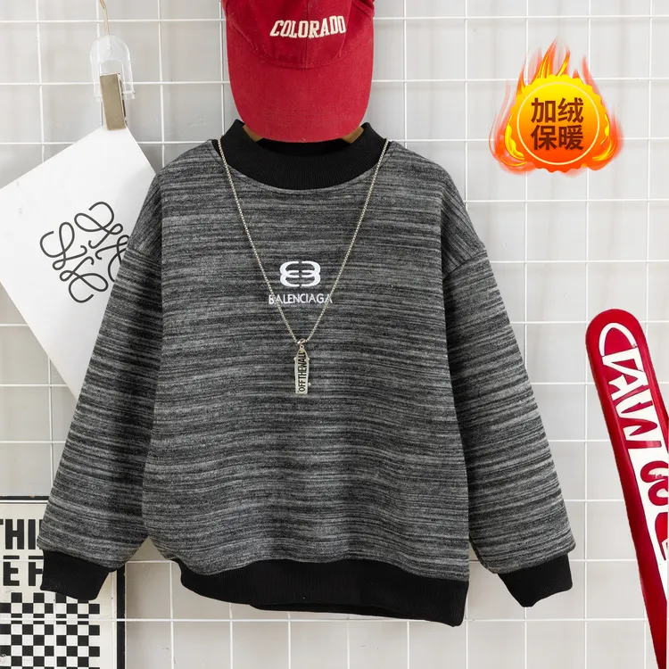 男童加绒保暖卫衣条纹冬季卫衣儿童秋冬保暖上衣半高领字母学院风