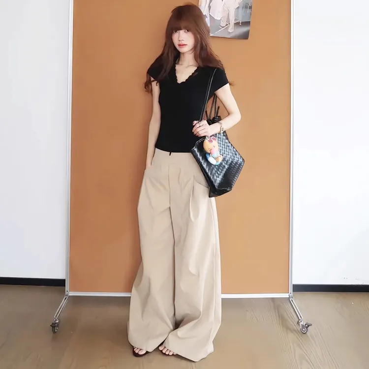 卡其色休闲阔腿裤女夏季高腰宽松慵懒风直筒工装裤垂感拖地长裤子