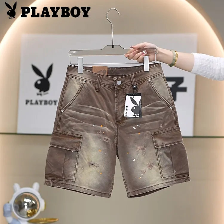 PLAYBOY/花花公子夏季薄款男士美式复古点墨破洞透气工装短裤
