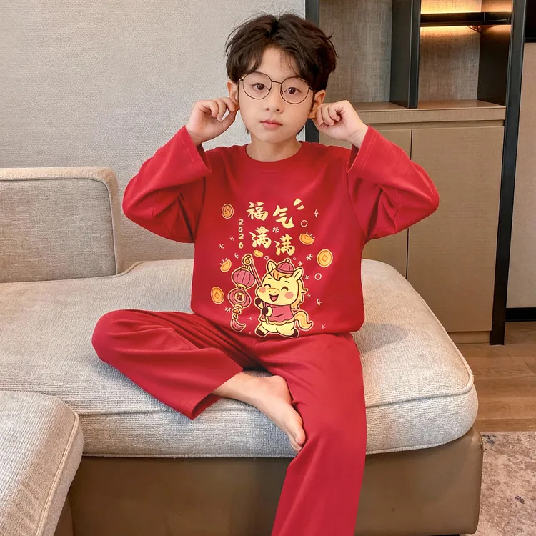 男童新年红色纯棉睡衣春秋季本命年男孩喜庆8-15岁学生家居服套装