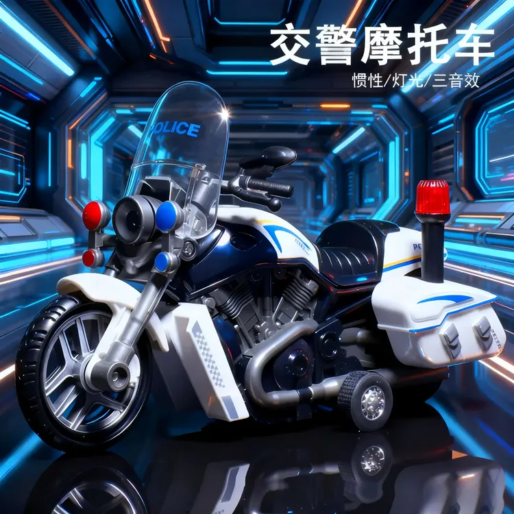 声光合金摩托车儿童玩具男孩生日礼物回力惯性车警车仿真模型摆件