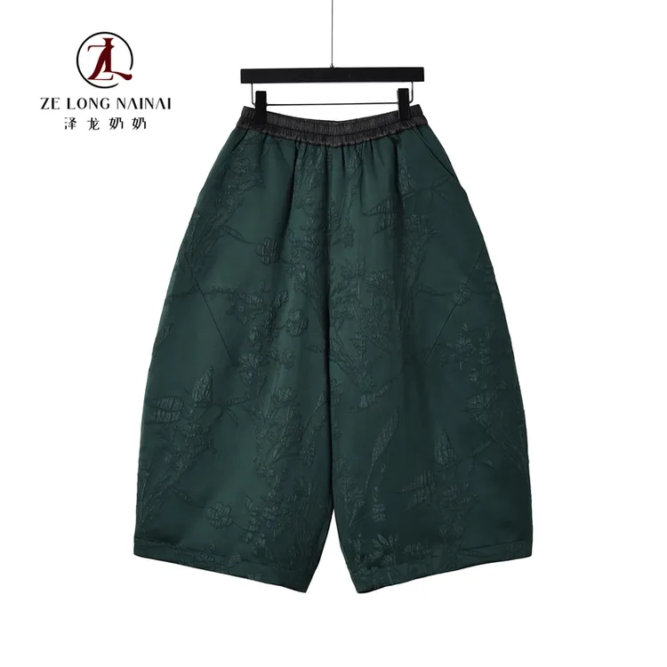 867复古提花羽绒裤女冬季宽松阔腿八分裤松紧腰保暖显瘦休闲裤