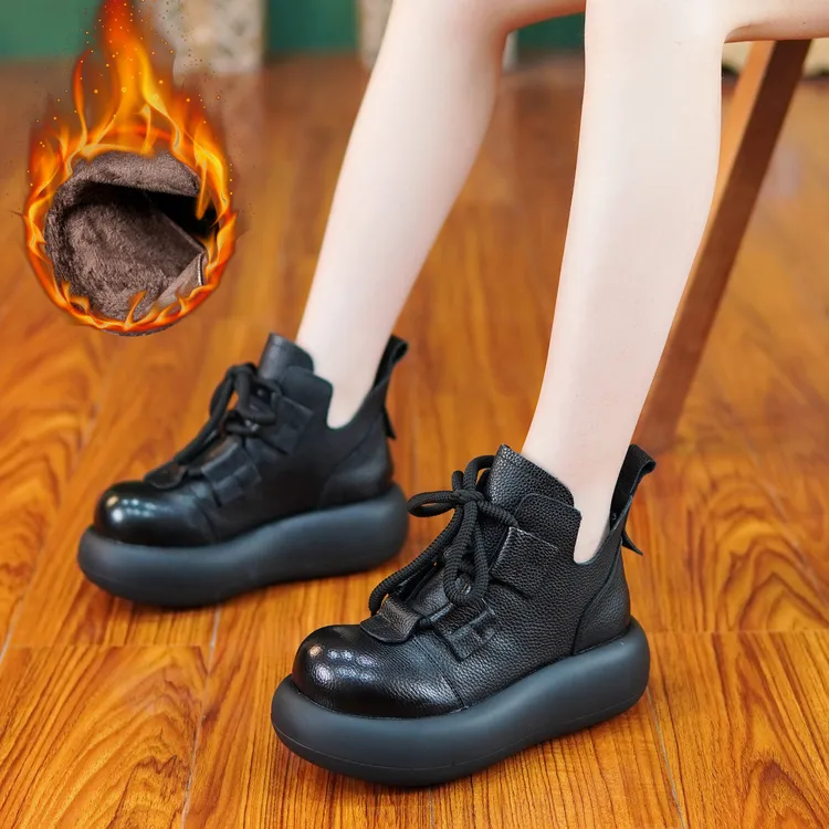 秋冬季短靴加厚圆头厚底复古港风棉鞋时尚休闲马丁靴防滑百搭靴子