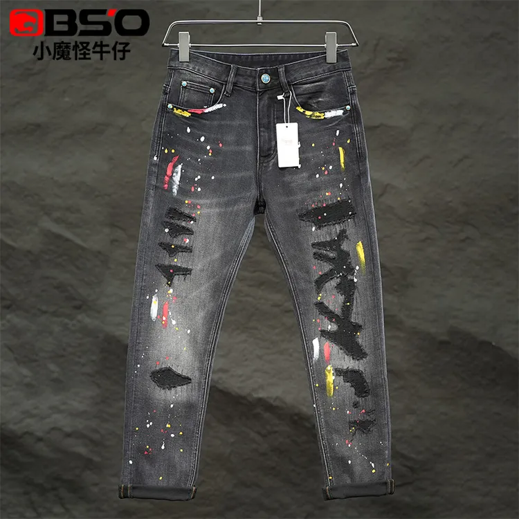 小魔怪秋冬款破洞手绘涂鸦牛仔裤男款潮牌修身小直筒弹力长裤子男