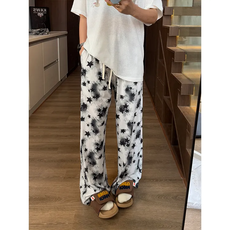 美式潮牌冰丝星星裤子男款夏季慵懒松弛感休闲长裤宽松情侣遛弯裤