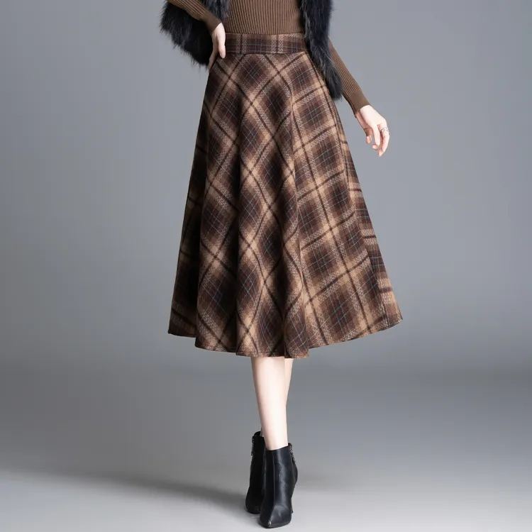秋冬复古格纹时尚半身裙加厚长裙微胖女穿搭遮胯显瘦打底裙91130
