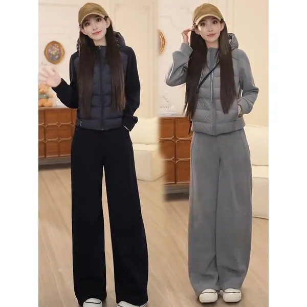 时尚休闲套装女2025冬季新款洋气连帽棉衣外套加绒阔腿裤两件套潮