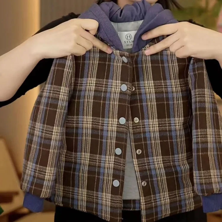 男童2025冬季新款加厚夹棉连帽棉服儿童格子夹棉外套拼色休闲款