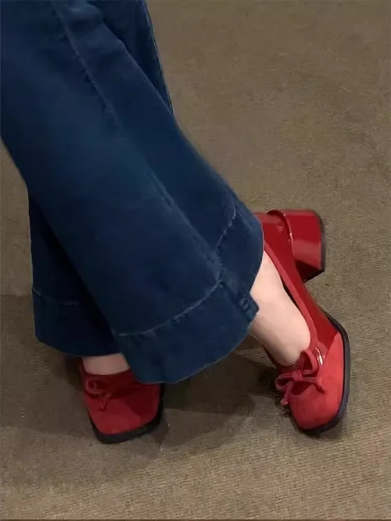法式红色粗跟玛丽珍单鞋女2025年工作鞋女阔腿裤专用阔腿裤必备鞋