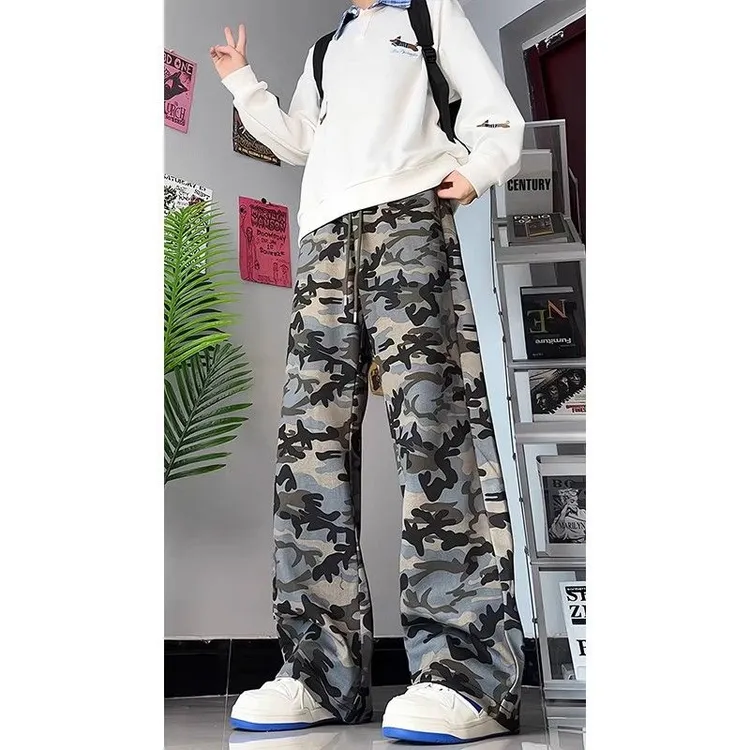 美式迷彩工装裤男生春秋季新款潮牌直筒阔腿运动休闲长裤垂感卫裤