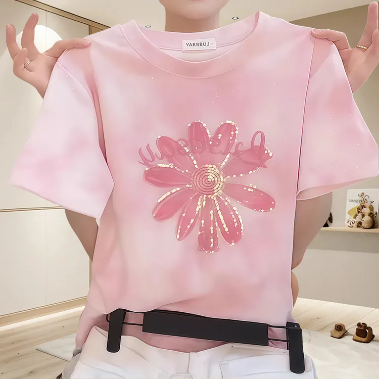 韩系ins亮片花朵纯棉短袖上衣圆领T恤女款休闲甜美可爱风格衣服